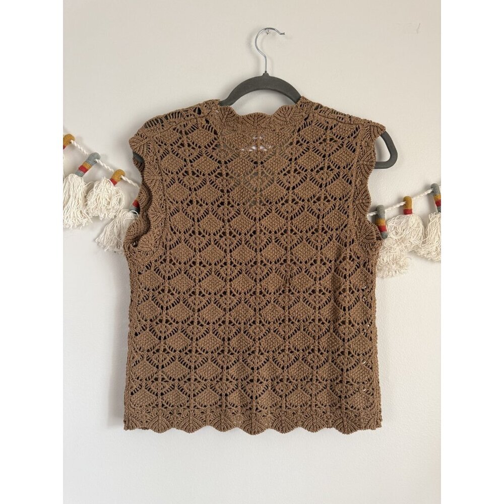 Zara Kids Crochet Open Knit Button Down Sleeveless Cardigan Brown Cottage 9/10 - Picture 2 of 7
